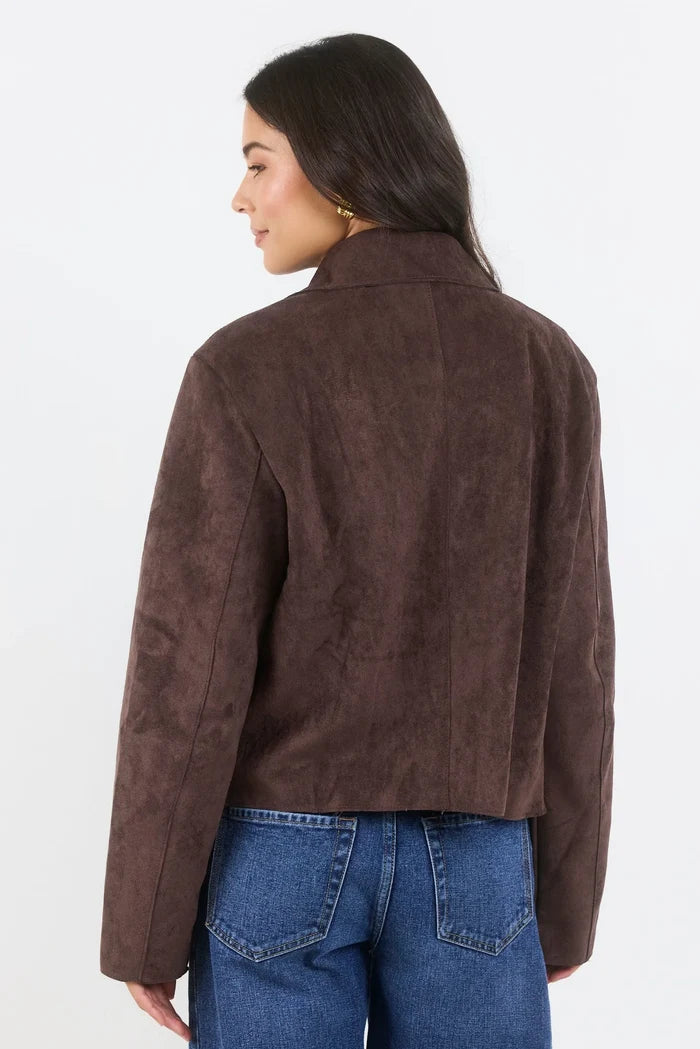 Exhibit Mock Suede Button Front Cropped Jacket - Chocolate