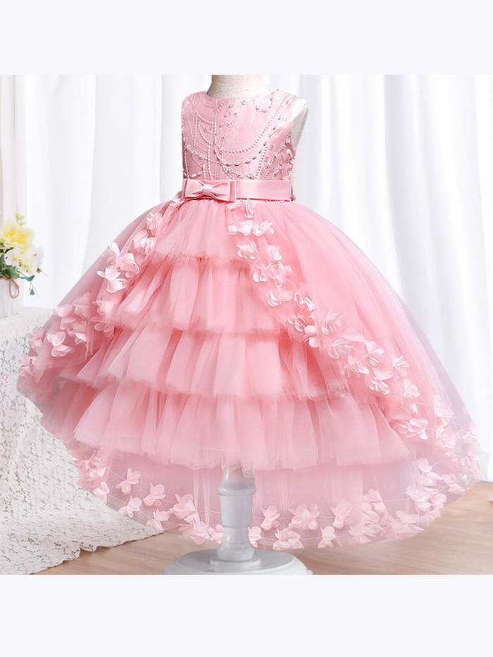 Girls Formal Dresses | Pink Embroidered Bodice Floral Hi-Lo Dress