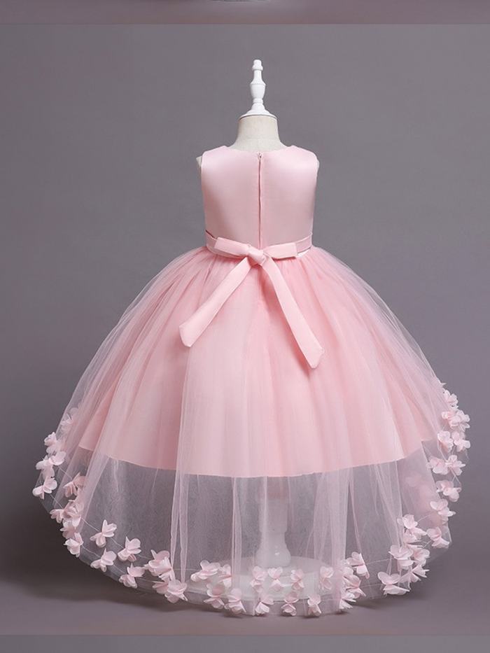 Girls Formal Dresses | Pink Embroidered Bodice Floral Hi-Lo Dress
