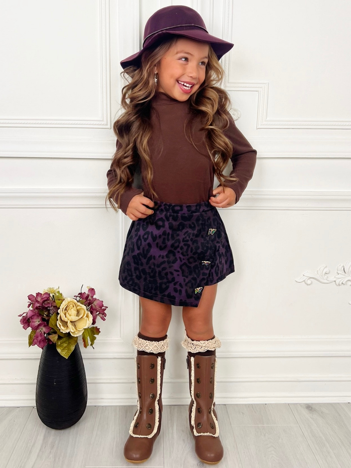 Fall Brown Top & Leopard Denim Skort Set