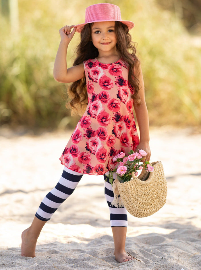 Mia Belle Girls Rose Tunic & Stripe Legging Set | Resort Wear