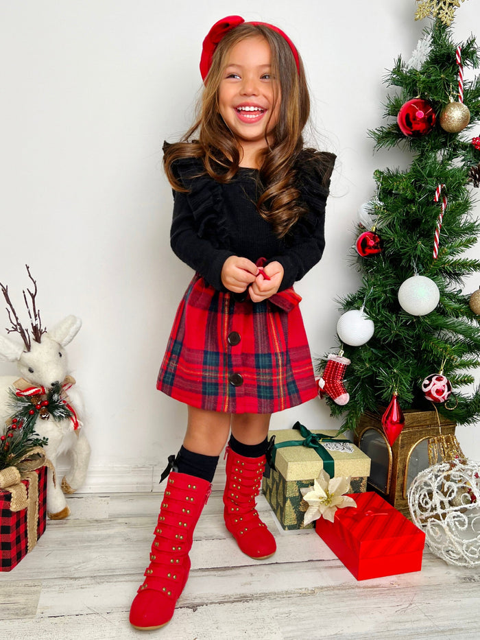 Feels Like Fall Ruffled Top & Plaid Skirt Set