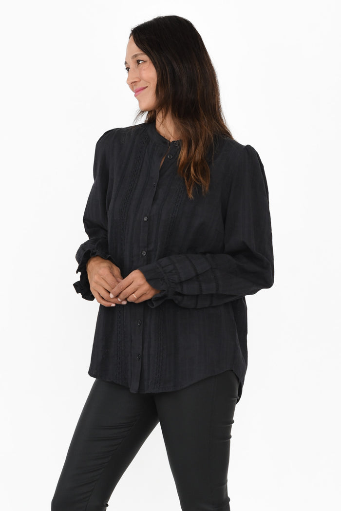 Fennel Black Cotton Blouse,Brunette model,alt text|model:Cara