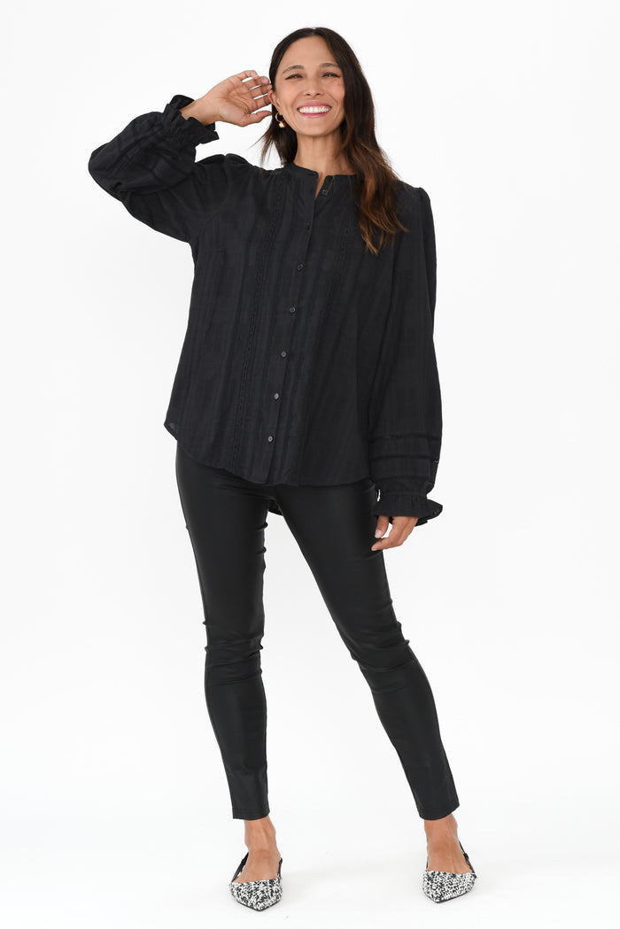 Fennel Black Cotton Blouse,Brunette model,alt text|model:Cara
