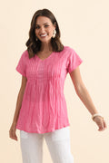 Fia Bright Pink Crinkle Cotton Top,Brunette model,alt text|model:MJ