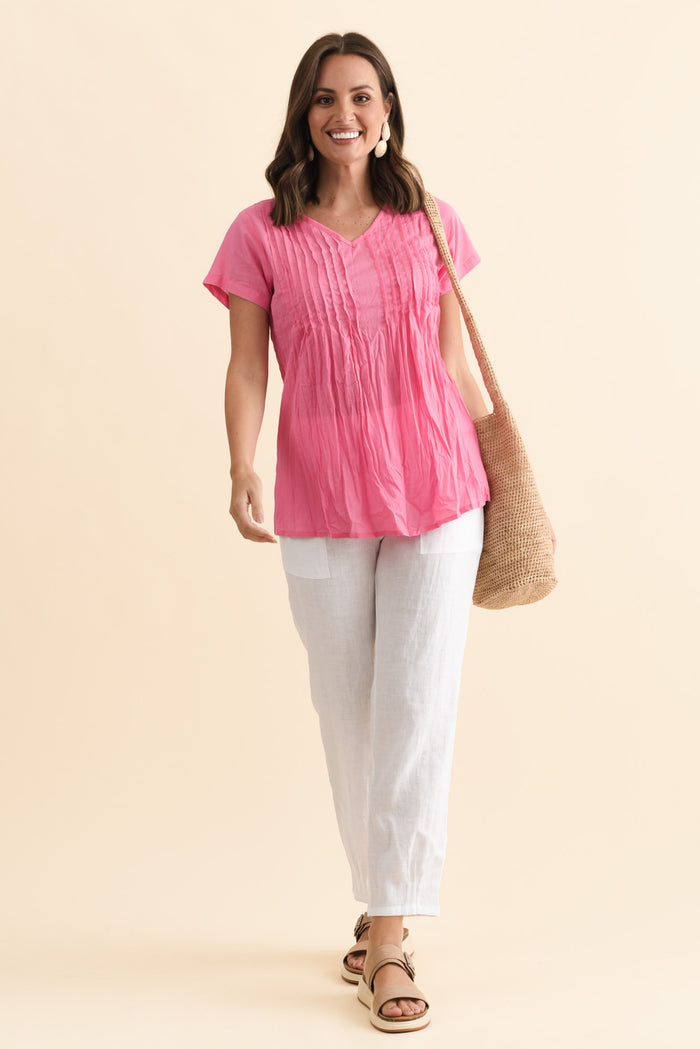 Fia Bright Pink Crinkle Cotton Top,Brunette model,alt text|model:MJ
