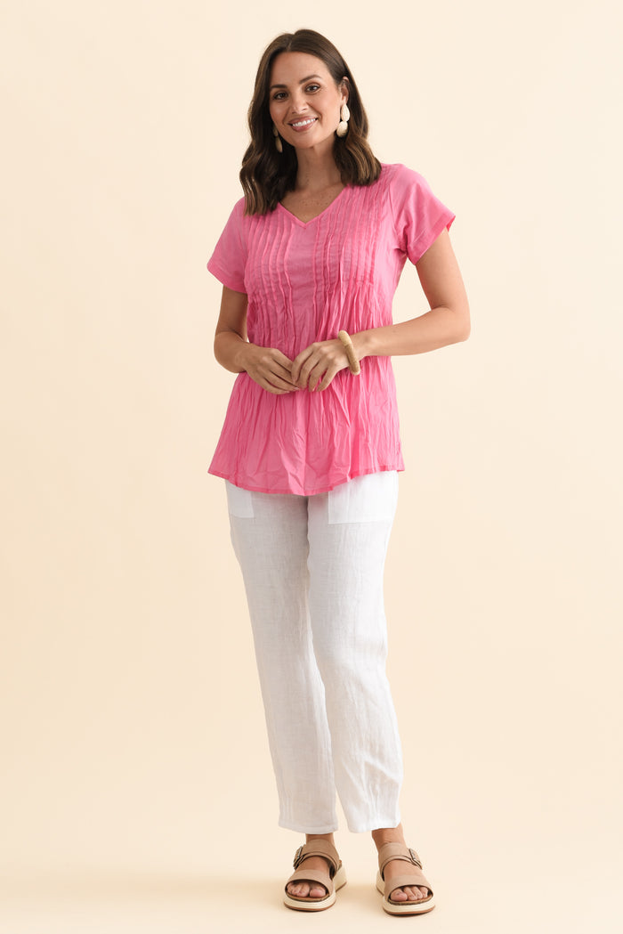 Fia Bright Pink Crinkle Cotton Top,Brunette model,alt text|model:MJ