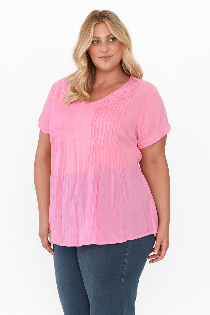 Fia Bright Pink Crinkle Cotton Top,Blonde model,alt text|model:Caitlin