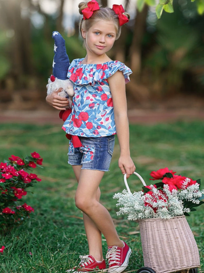Girls Floral Ruffle Top And Patched Denim Shorts Set | 4th of July
