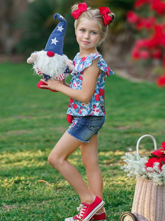 Girls Floral Ruffle Top And Patched Denim Shorts Set | 4th of July