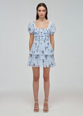 Floral Silhouette Chiffon Tiered Mini Dress (Blue)