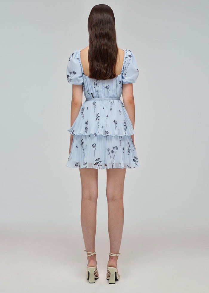 Floral Silhouette Chiffon Tiered Mini Dress (Blue)