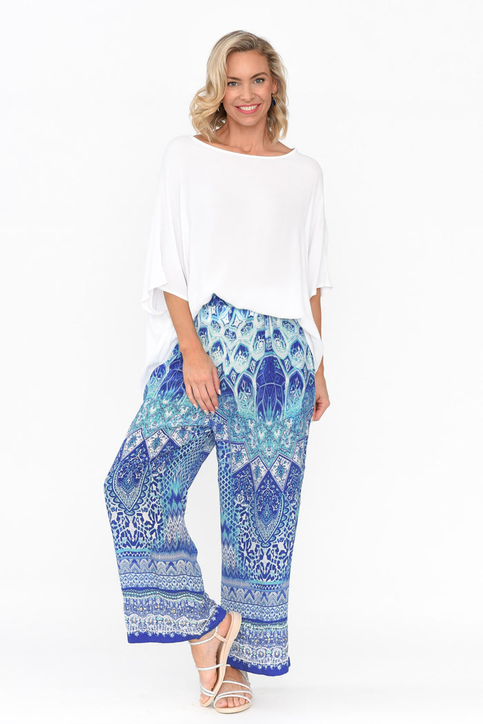 Florence Blue Silk Wide Leg Pants,Blonde model,alt text|model:Anna
