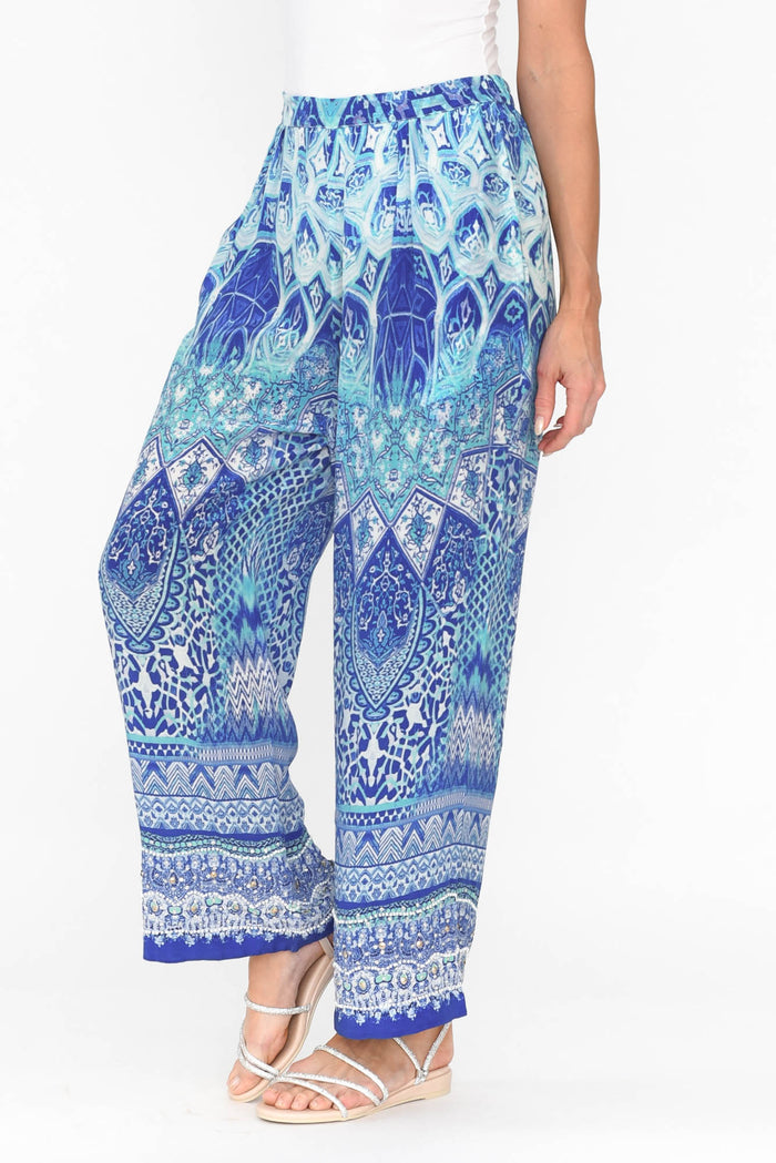 Florence Blue Silk Wide Leg Pants,Blonde model,alt text|model:Anna