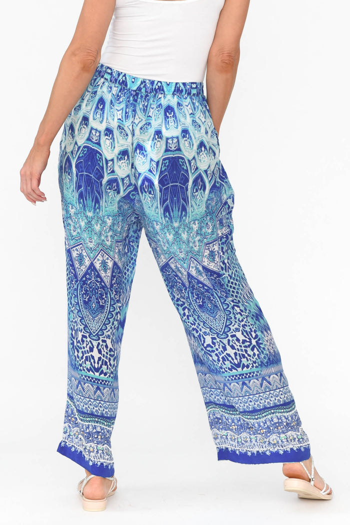 Florence Blue Silk Wide Leg Pants,Blonde model,alt text|model:Anna