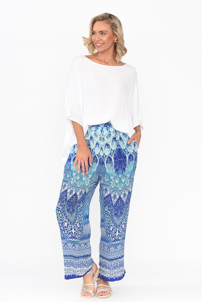 Florence Blue Silk Wide Leg Pants,Blonde model,alt text|model:Anna