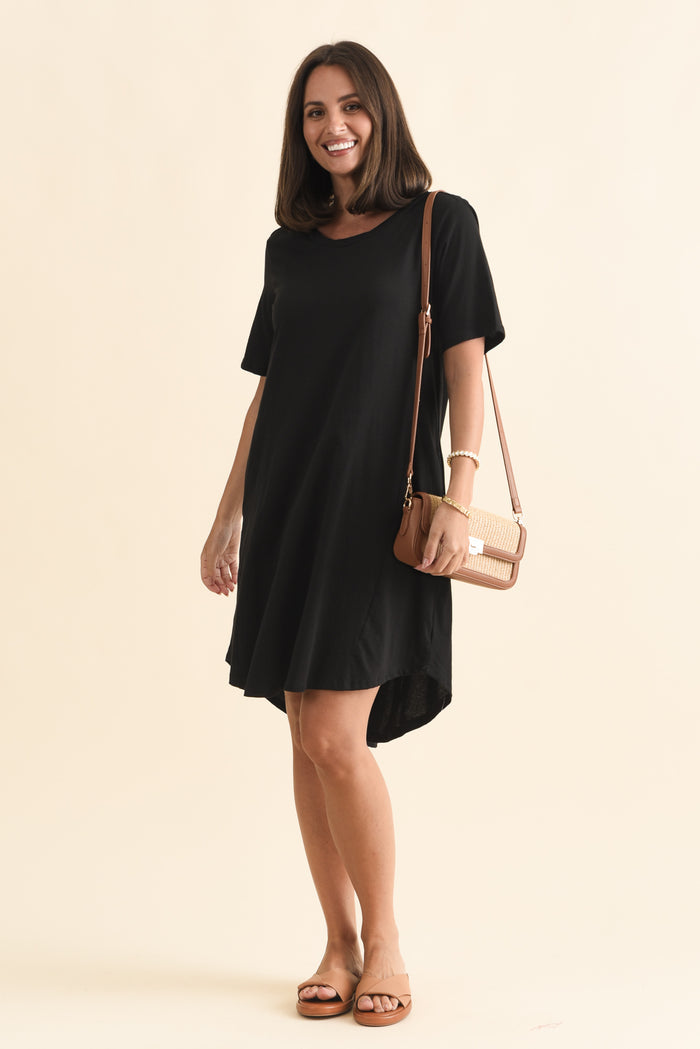 Florida Black Cotton Tee Dress,Brunette model,alt text|model:MJ