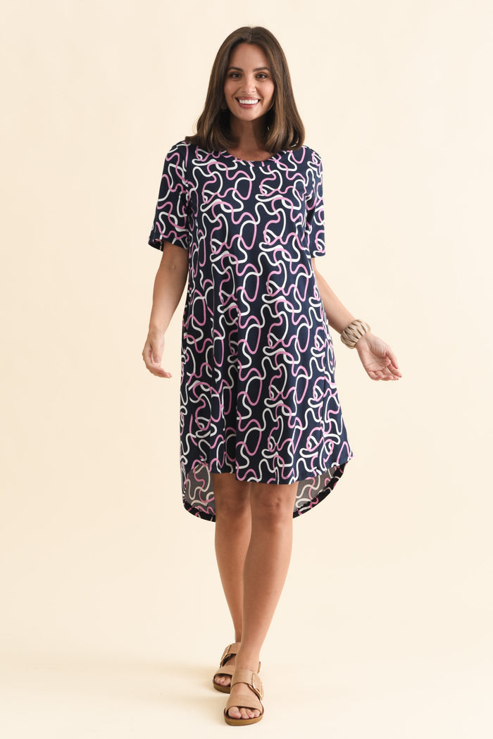 Florida Navy Abstract Cotton Tee Dress,Brunette model,alt text|model:MJ
