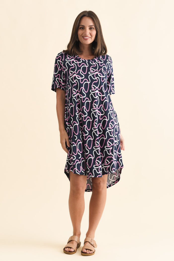 Florida Navy Abstract Cotton Tee Dress,Brunette model,alt text|model:MJ