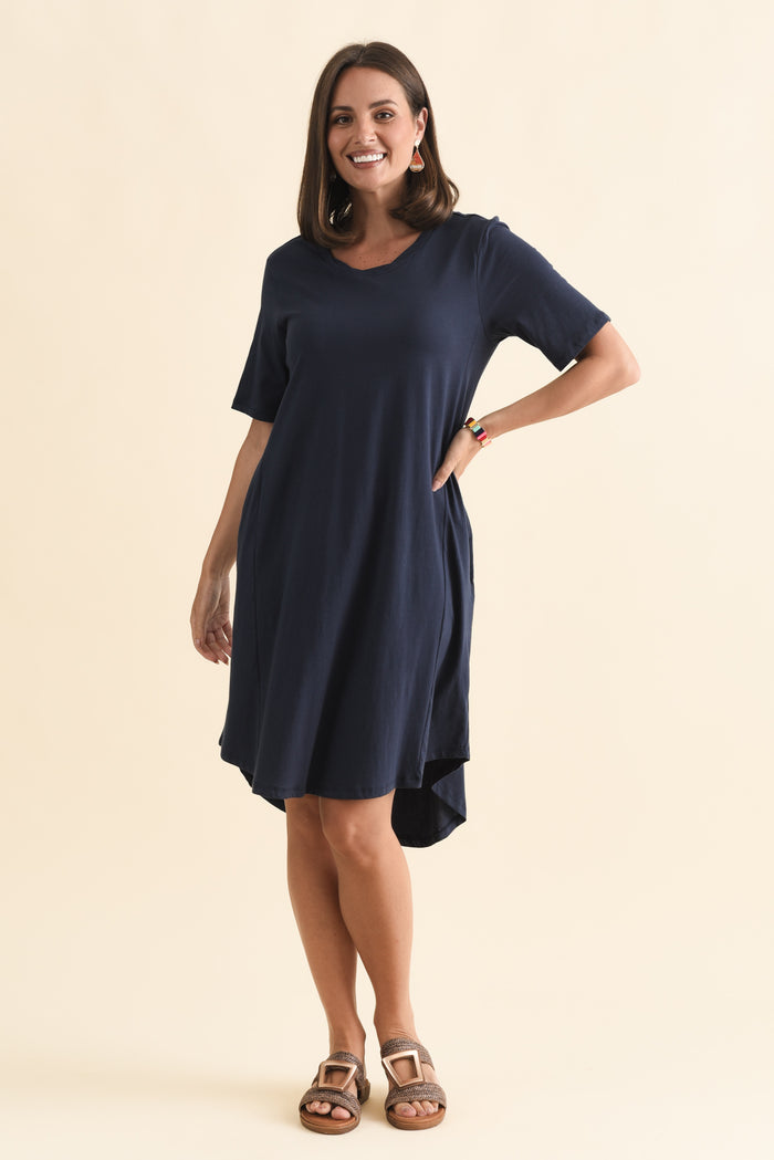 Florida Navy Cotton Tee Dress,Brunette model,alt text|model:MJ