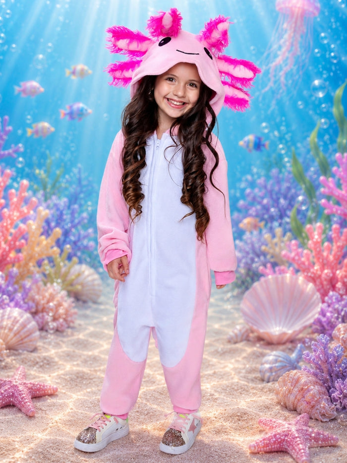 Girl wearing a pink axolotl Halloween costume with a hooded fleece onesie.
