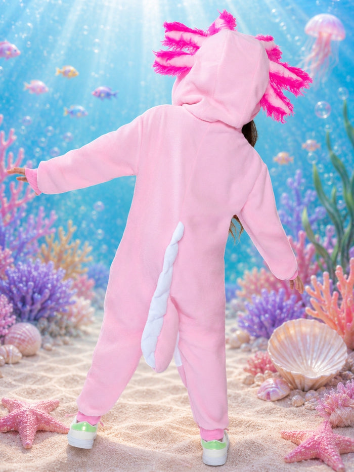Girls pink axolotl Halloween costume with plush tail and cozy fit.