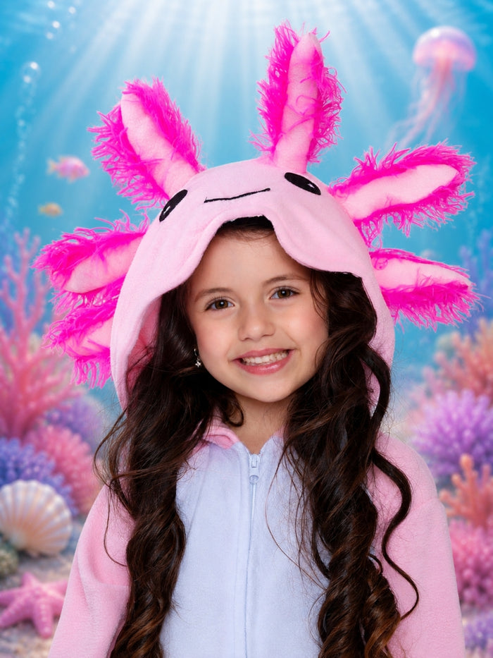 Cute pink axolotl costume for girls featuring soft fleece and playful gills.
