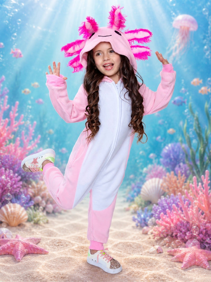 Hooded pink axolotl onesie costume for Halloween and dress-up.