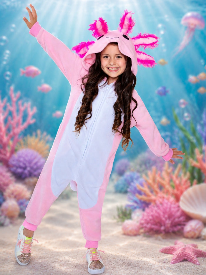 Pink axolotl onesie costume for girls with attached hood and fun details.