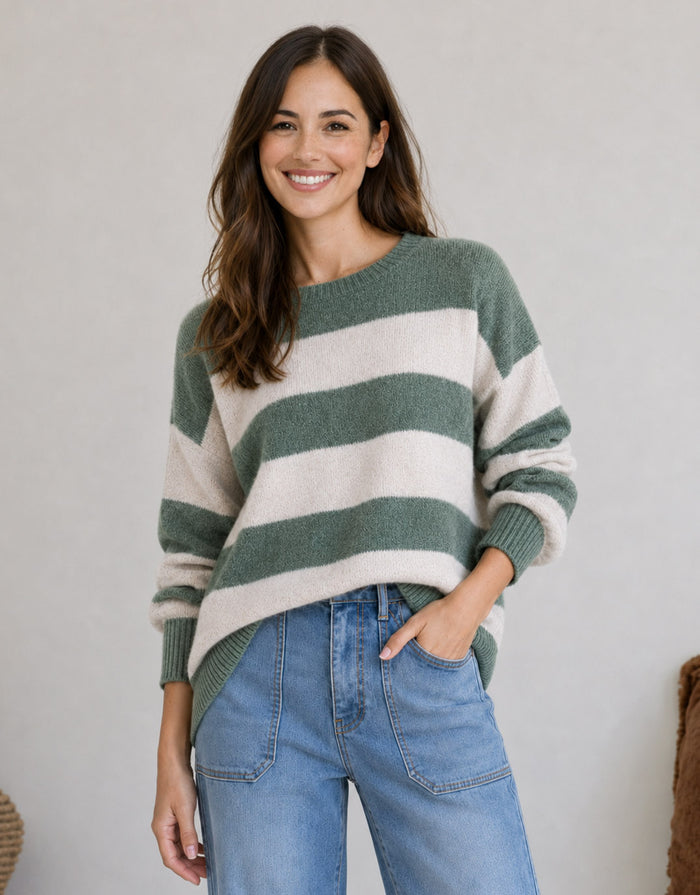 Frankie Knit - Green/Latte Stripe