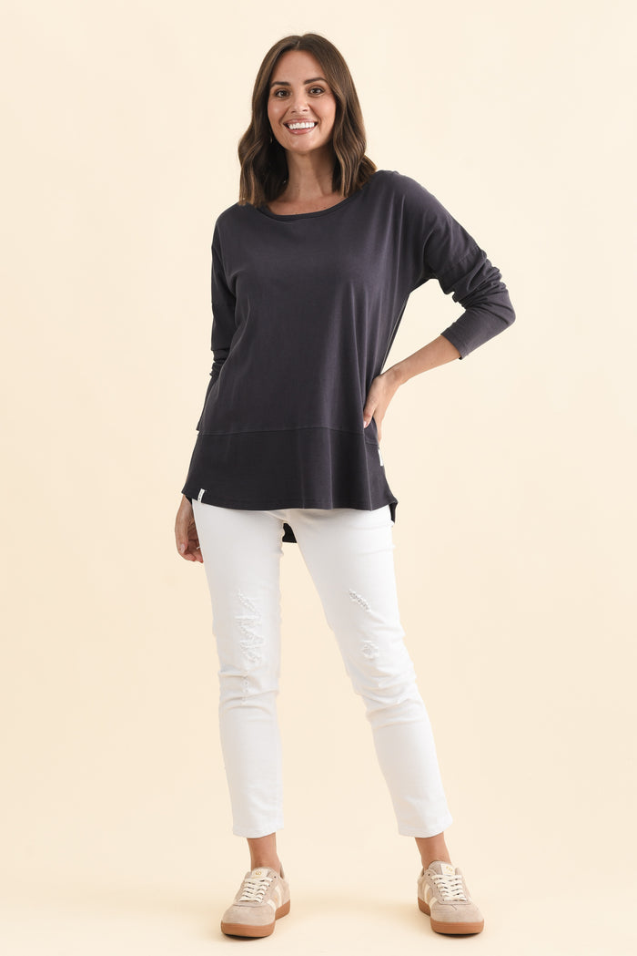 Fundamental Navy Cotton Rib Sleeved Top,Brunette model,alt text|model:MJ