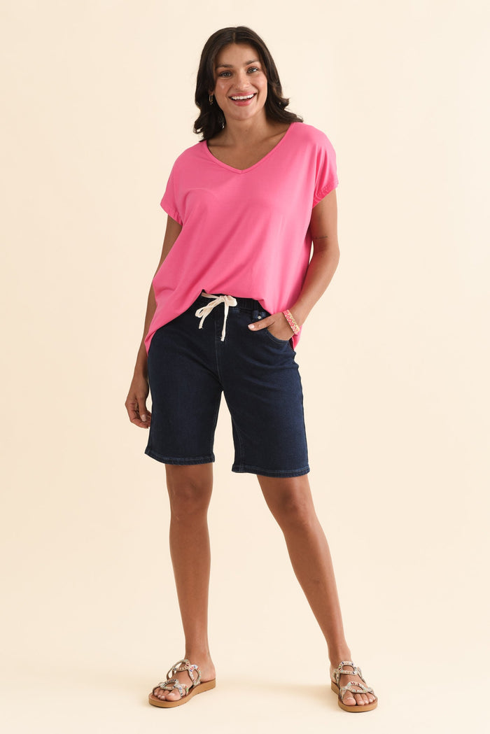 Gabby Dark Blue Denim Bermuda Shorts,Brunette model,alt text|model:Brontie