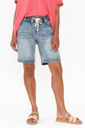 Gabby Mid Blue Denim Bermuda Shorts,Brunette model,alt text|model:Cara