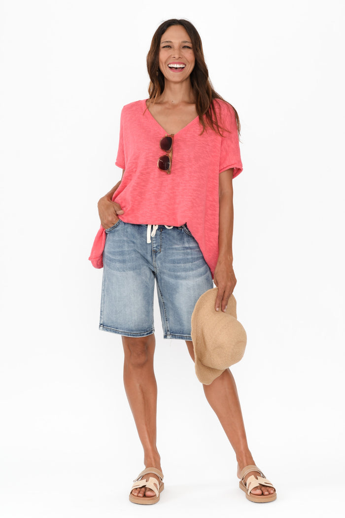 Gabby Mid Blue Denim Bermuda Shorts,Brunette model,alt text|model:Cara