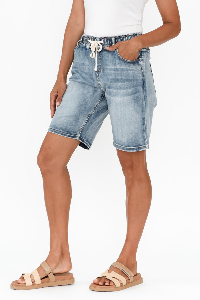 Gabby Mid Blue Denim Bermuda Shorts,Brunette model,alt text|model:Cara