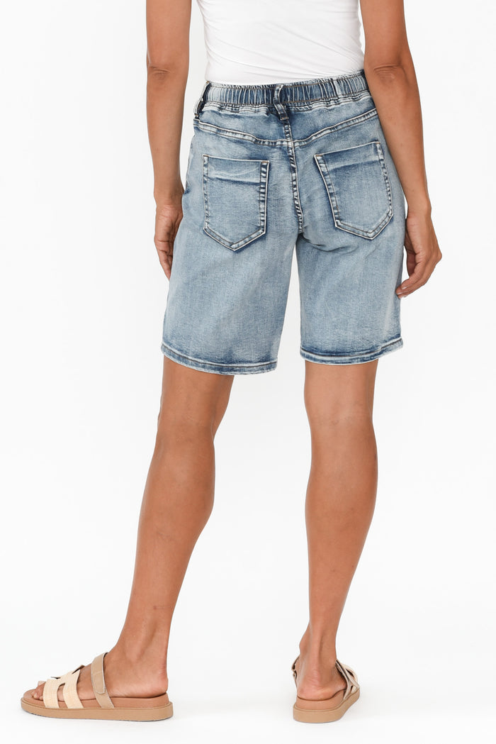 Gabby Mid Blue Denim Bermuda Shorts,Brunette model,alt text|model:Cara