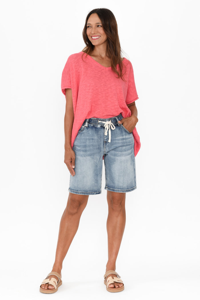 Gabby Mid Blue Denim Bermuda Shorts,Brunette model,alt text|model:Cara