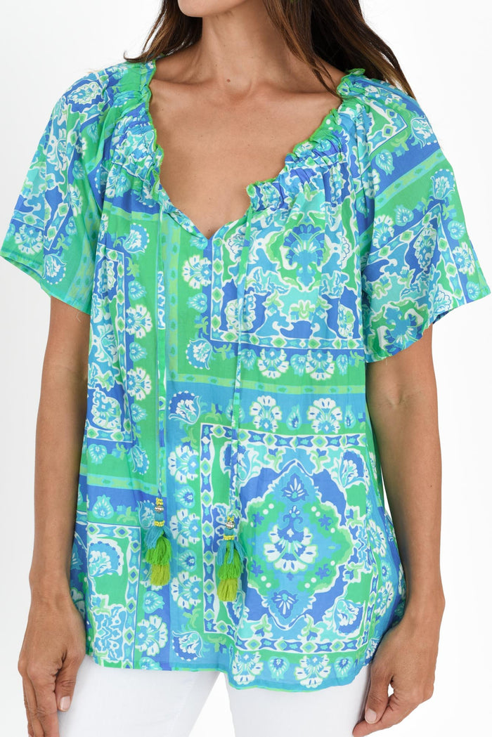 Gabe Blue Abstract Cotton Tassel Top,Brunette model,alt text|model:Cara