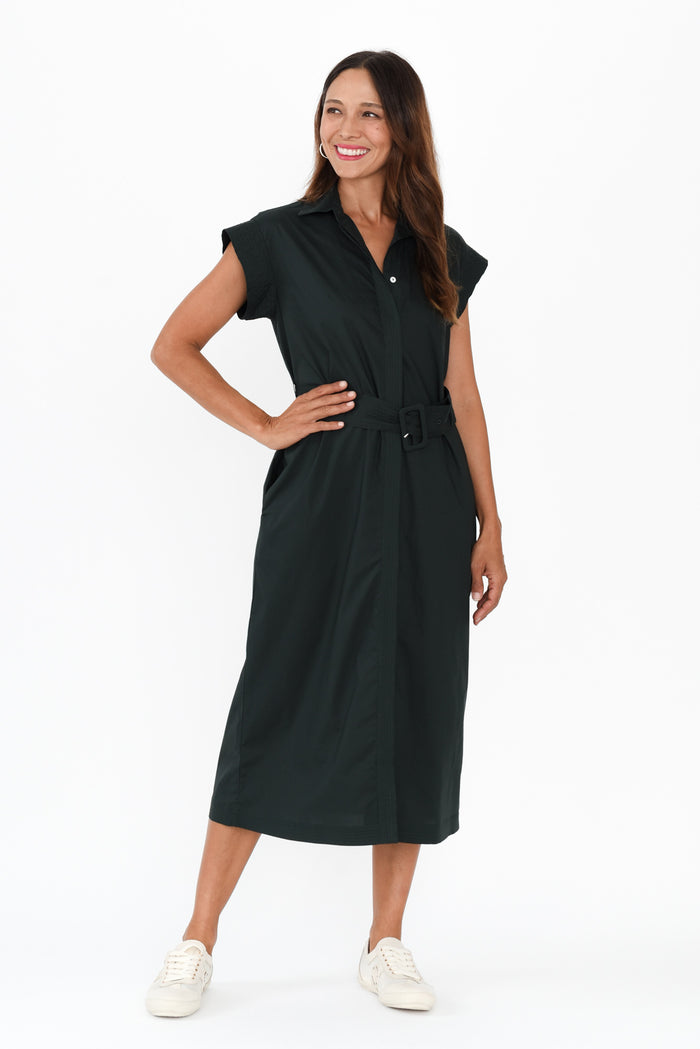 Gail Black Cotton Belted Dress,Brunette model,alt text|model:Cara