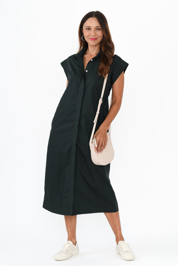 Gail Black Cotton Belted Dress,Brunette model,alt text|model:Cara