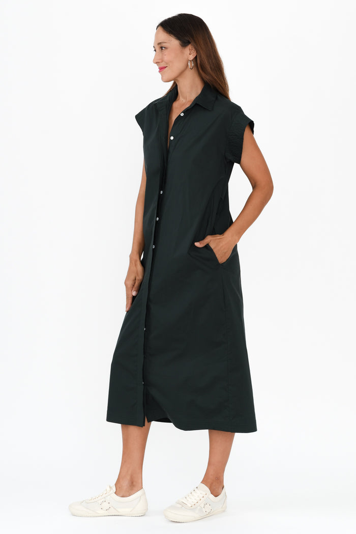 Gail Black Cotton Belted Dress,Brunette model,alt text|model:Cara