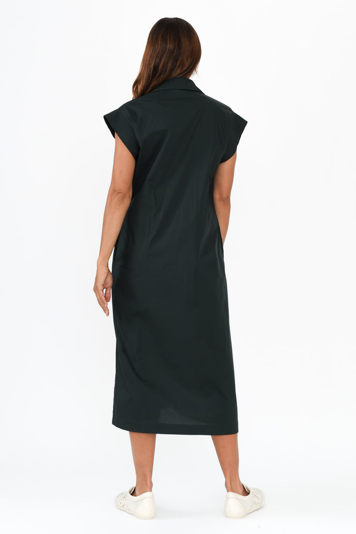 Gail Black Cotton Belted Dress,Brunette model,alt text|model:Cara