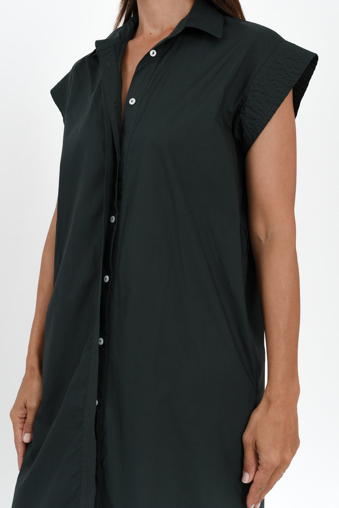 Gail Black Cotton Belted Dress,Brunette model,alt text|model:Cara