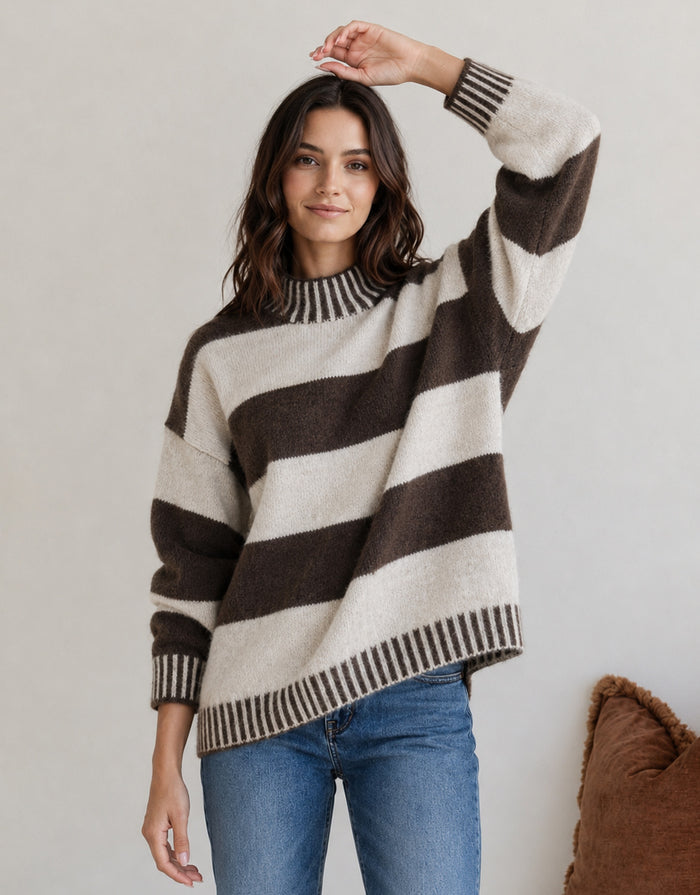 Gigi Wool Blend Stripe Knit - Chocolate/Natural