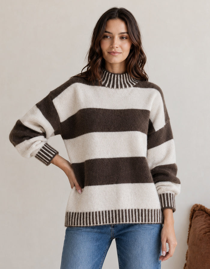 Gigi Wool Blend Stripe Knit - Chocolate/Natural