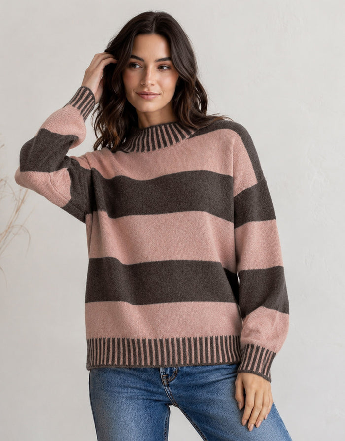 Gigi Wool Blend Stripe Knit - Chocolate/Nutmeg