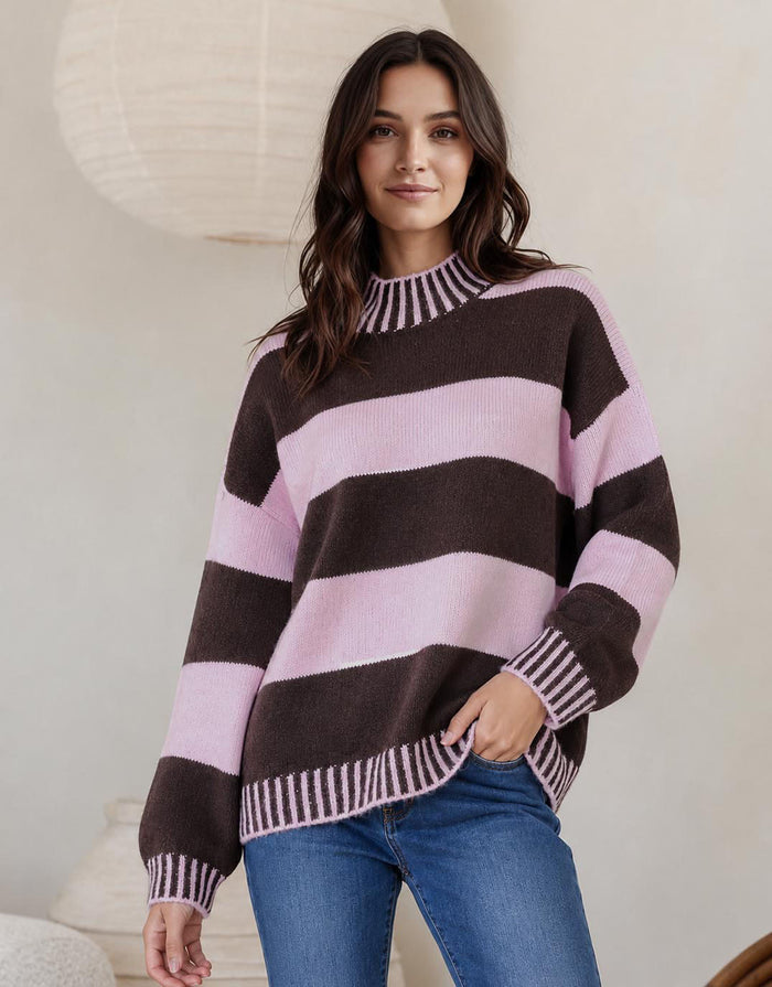 Gigi Wool Blend Stripe Knit - Chocolate/Pink