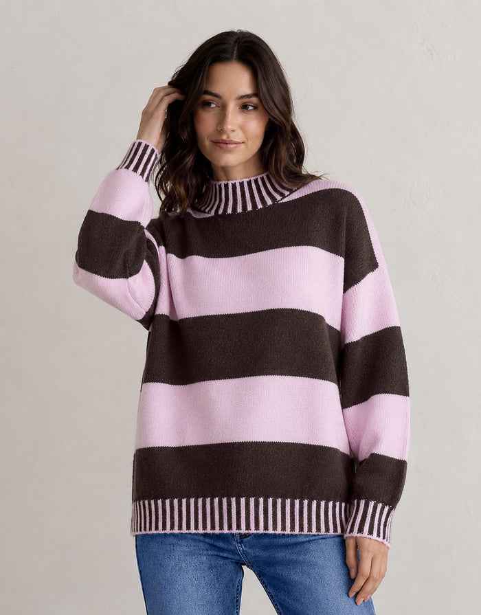 Gigi Wool Blend Stripe Knit - Chocolate/Pink