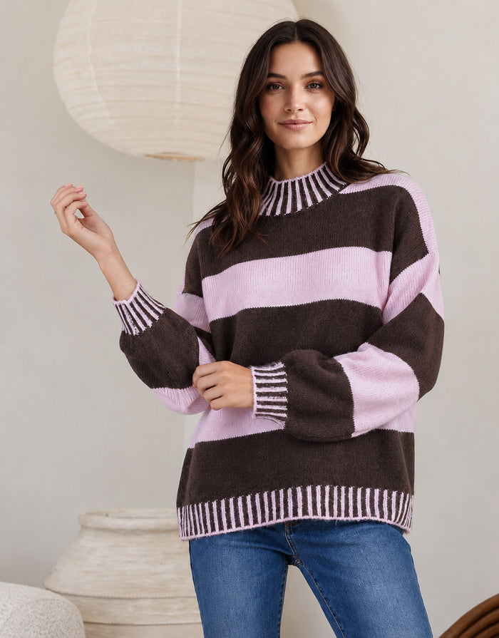 Gigi Wool Blend Stripe Knit - Chocolate/Pink