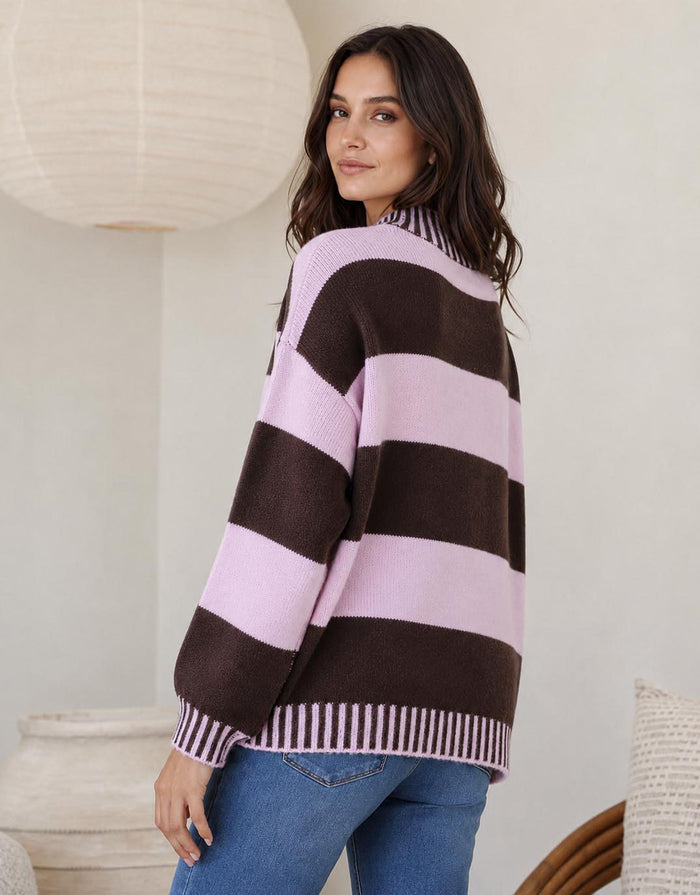 Gigi Wool Blend Stripe Knit - Chocolate/Pink